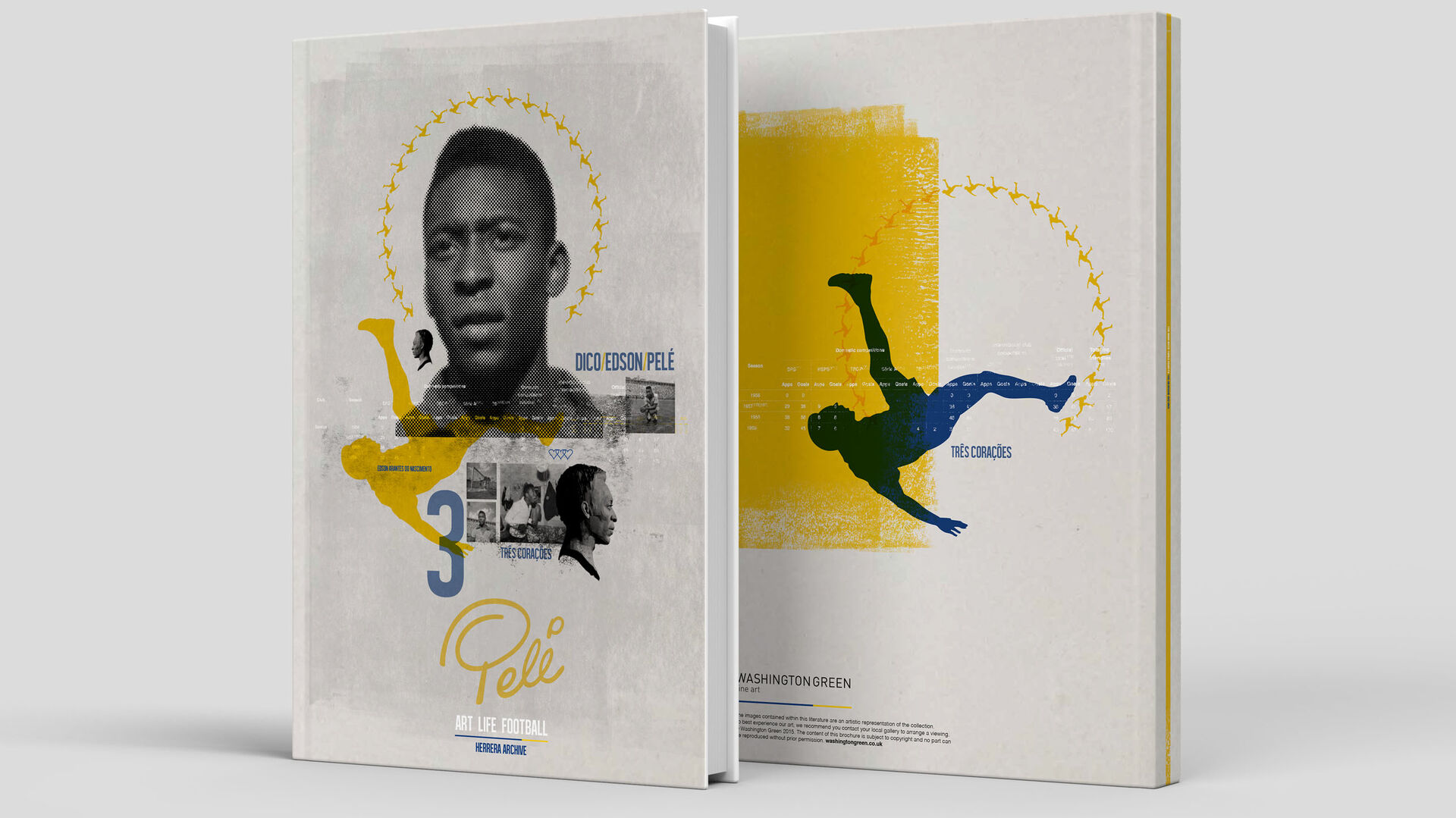 A Pelé limited edition book lying open, showing yellow and blue halftone portraits