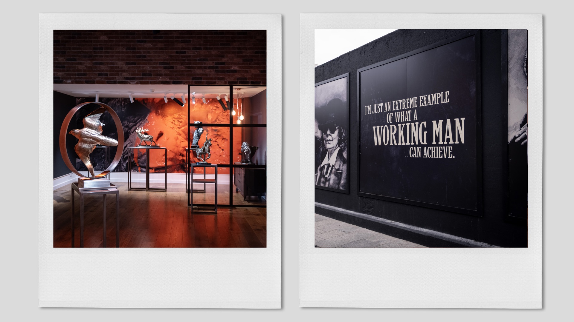 Two polaroid-framed shots: a sculpture gallery lit in orange and a street hoarding reading ‘Working Man’