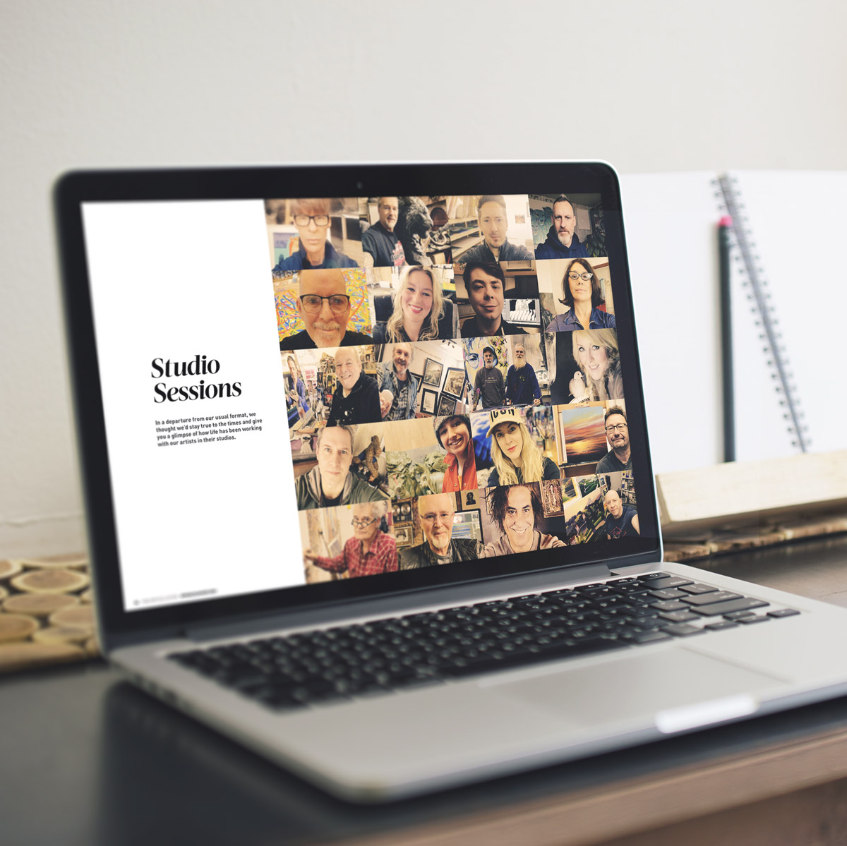 Laptop showing the ‘Studio Sessions’ spread, a grid of artists photographed in their studios