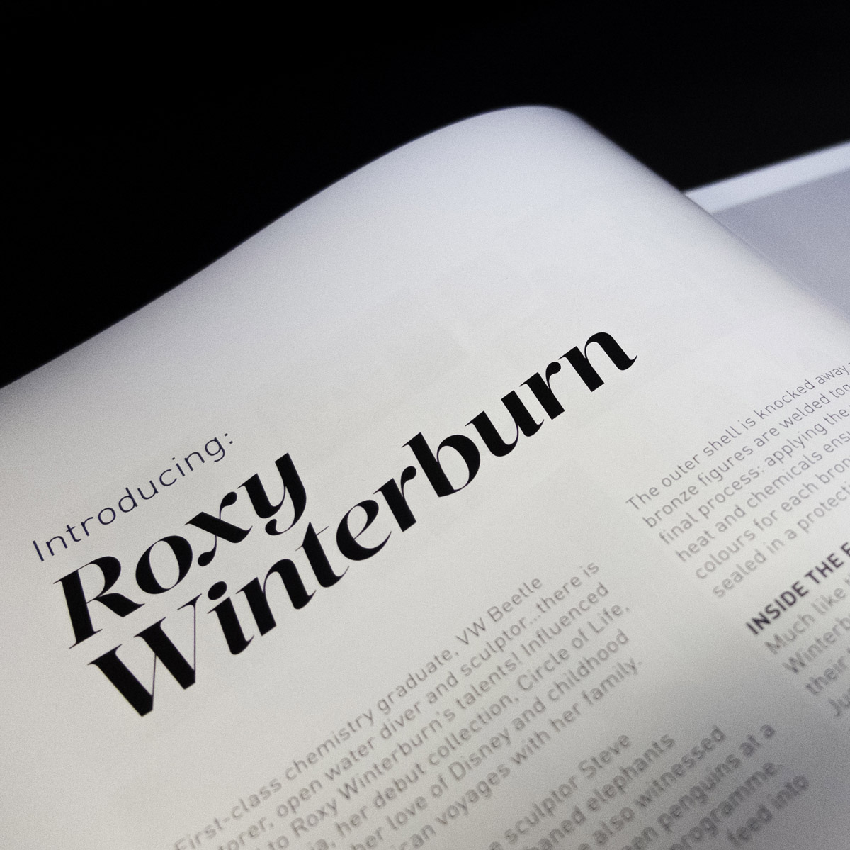 Close-up of a magazine page headed ‘Introducing: Roxy Winterburn’