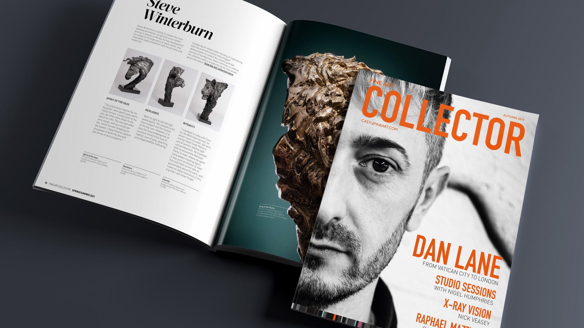 Open magazine at a Steve Winterburn sculpture feature, beneath a Fine Art Collector cover with a black and white portrait