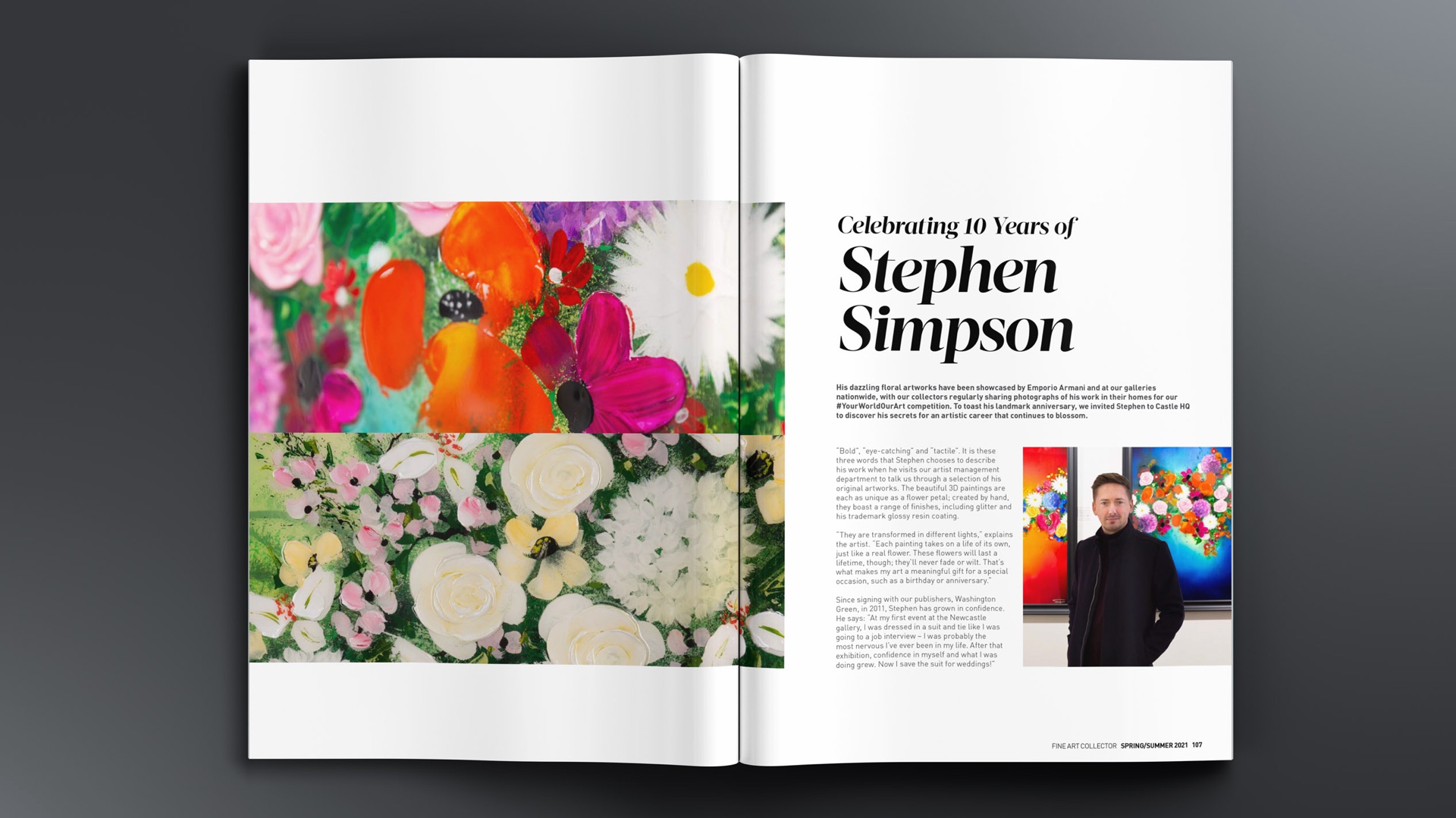 Magazine spread ‘Celebrating 10 Years of Stephen Simpson’ with close-ups of colourful floral paintings