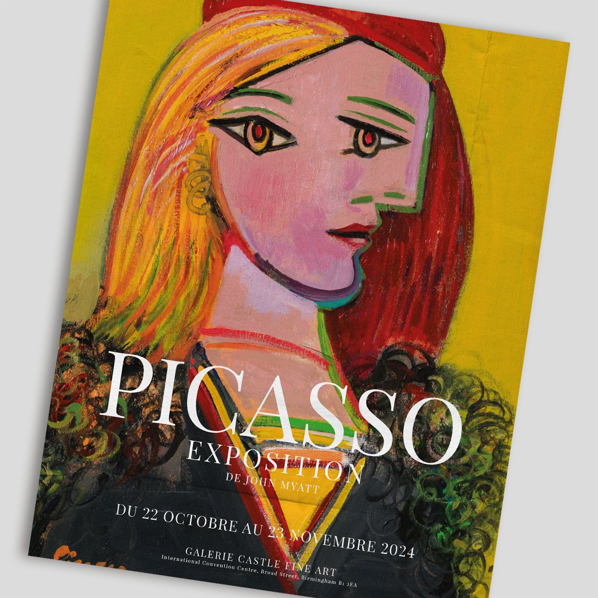 Picasso exhibition poster with a woman’s head in yellow and red, for the John Myatt show