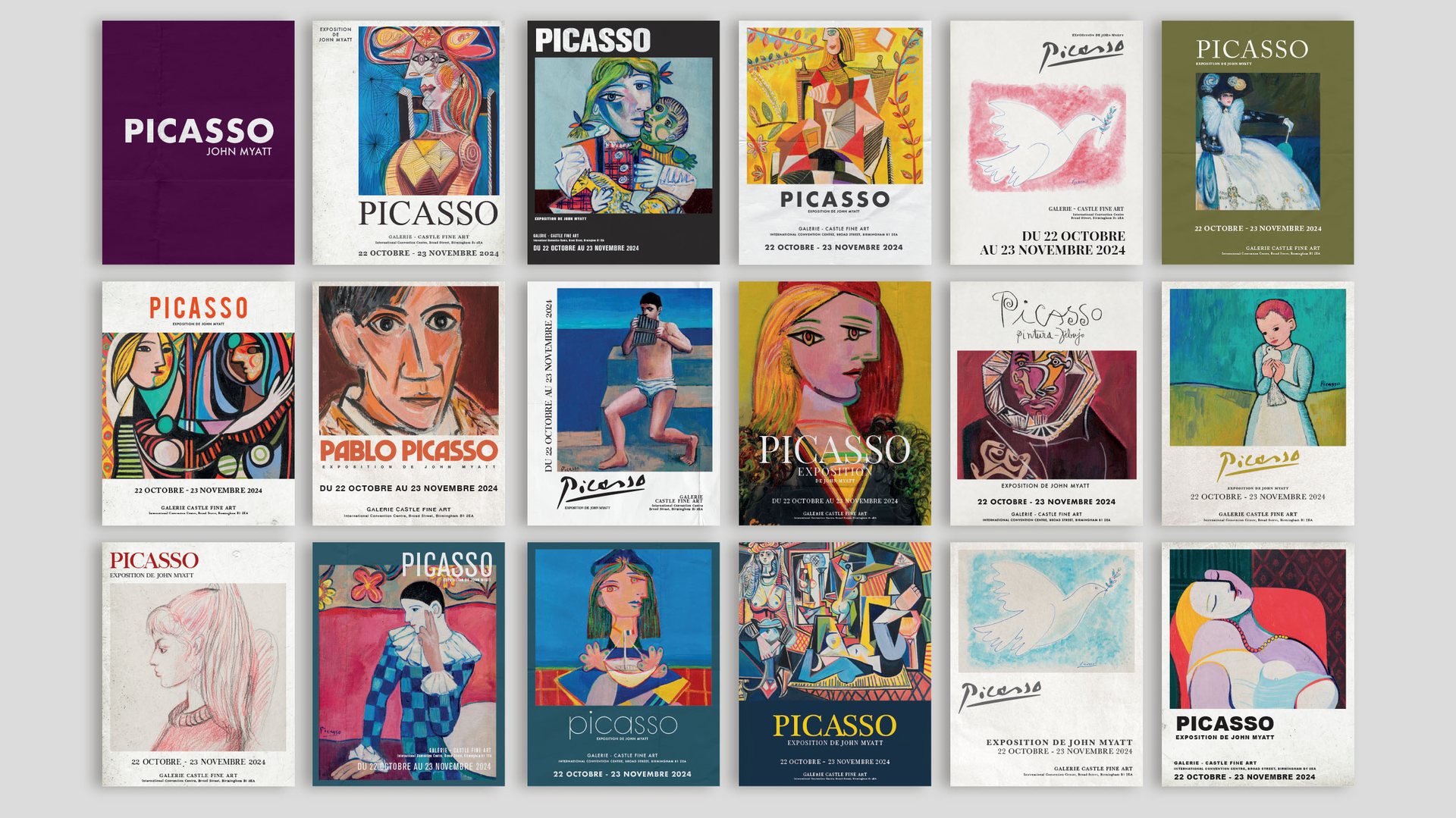 Grid of eighteen Picasso exhibition posters, each with its own design