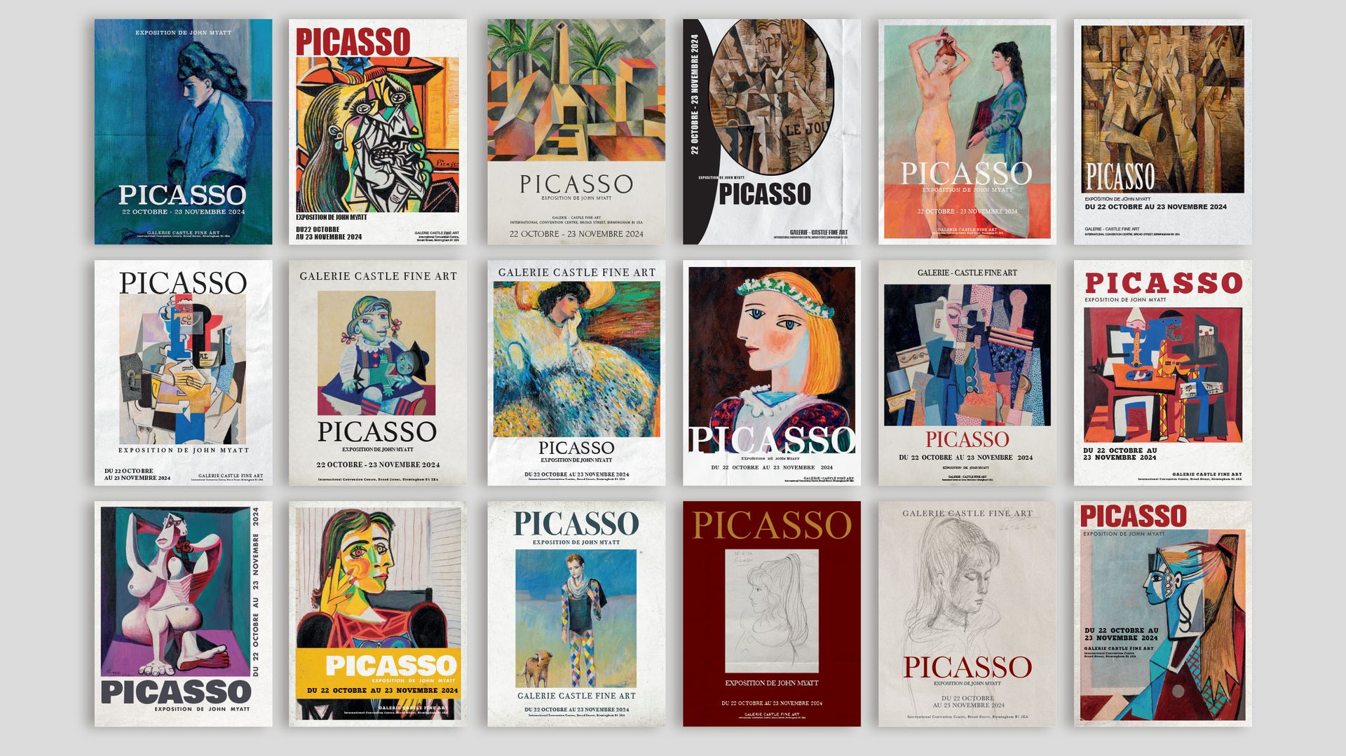Grid of eighteen more Picasso exhibition posters from the series