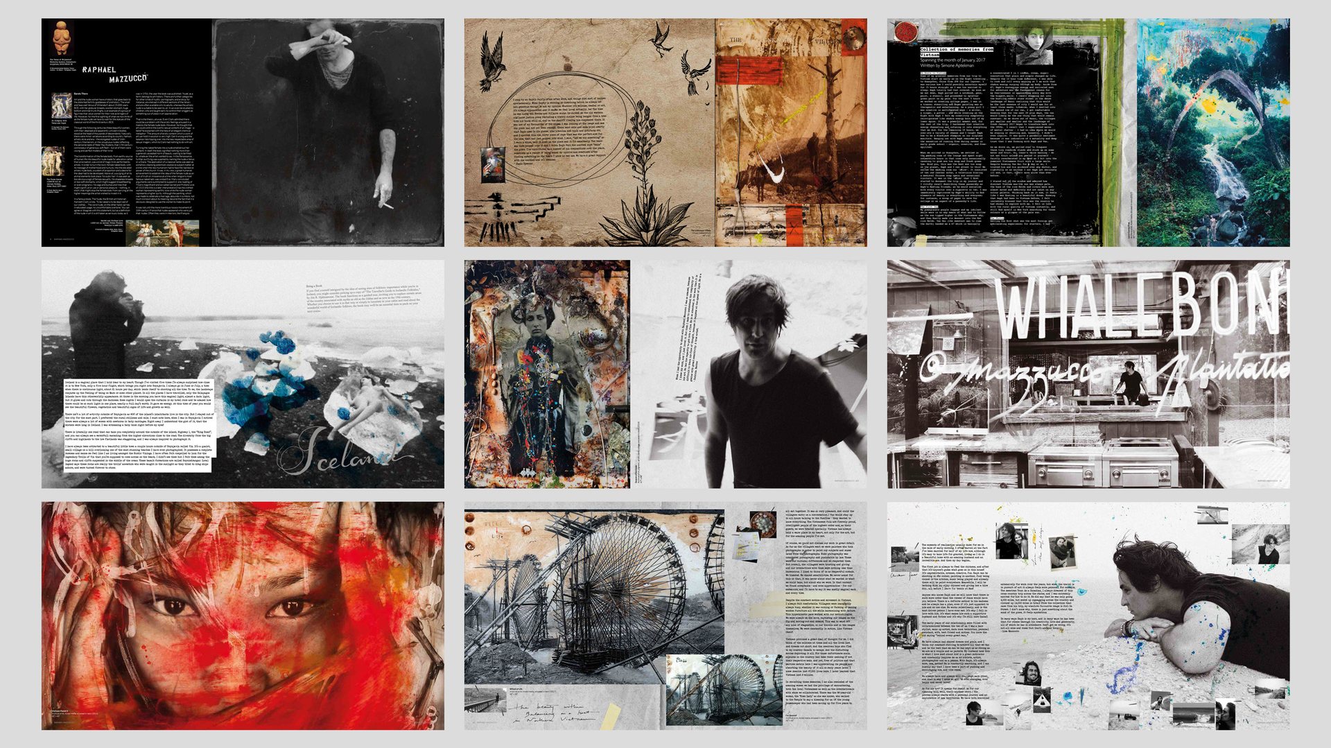 Nine spreads from The Never-Ending Summer showing the photography and layout