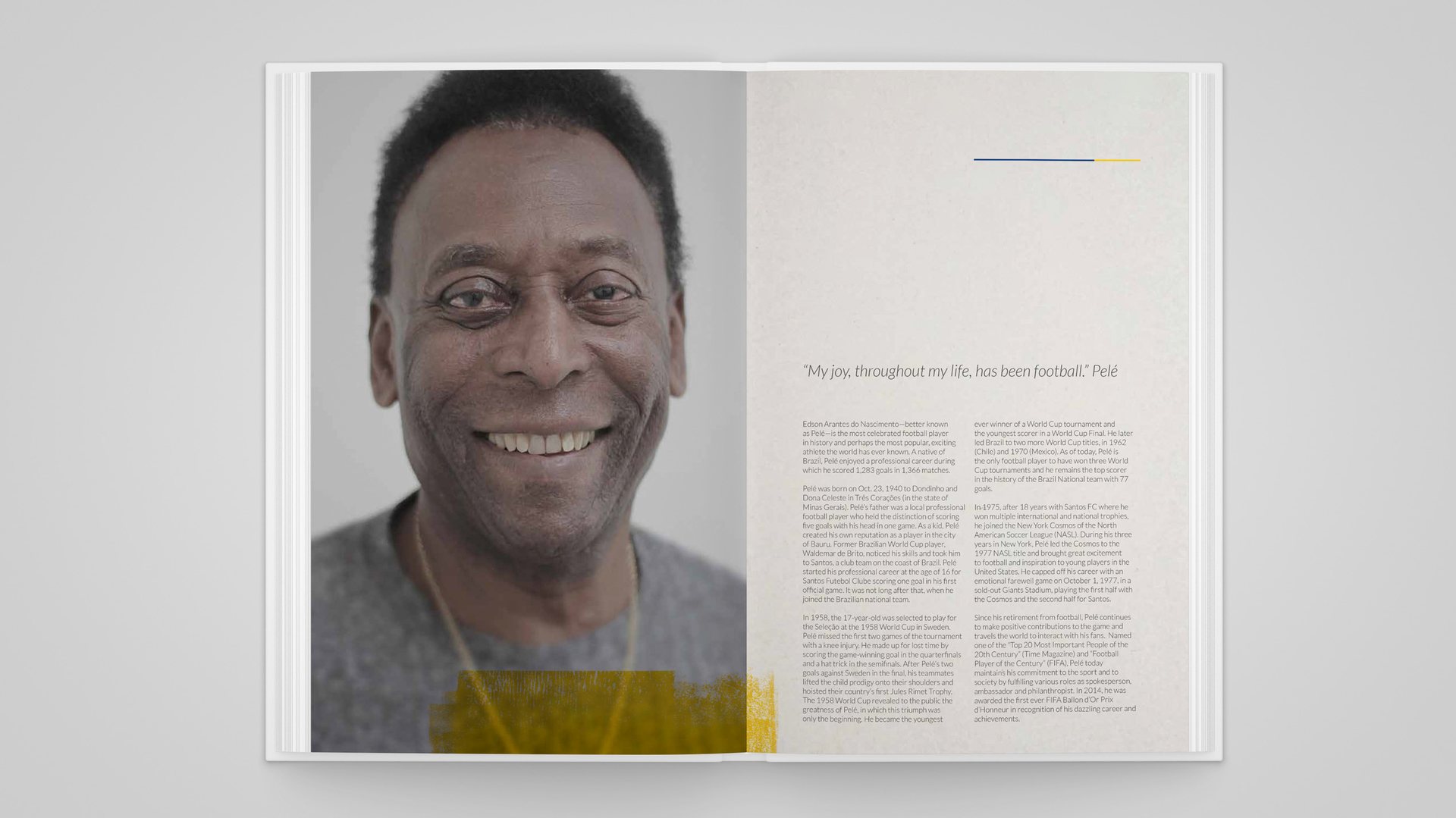 Open brochure with a smiling portrait of Pelé beside a column of text