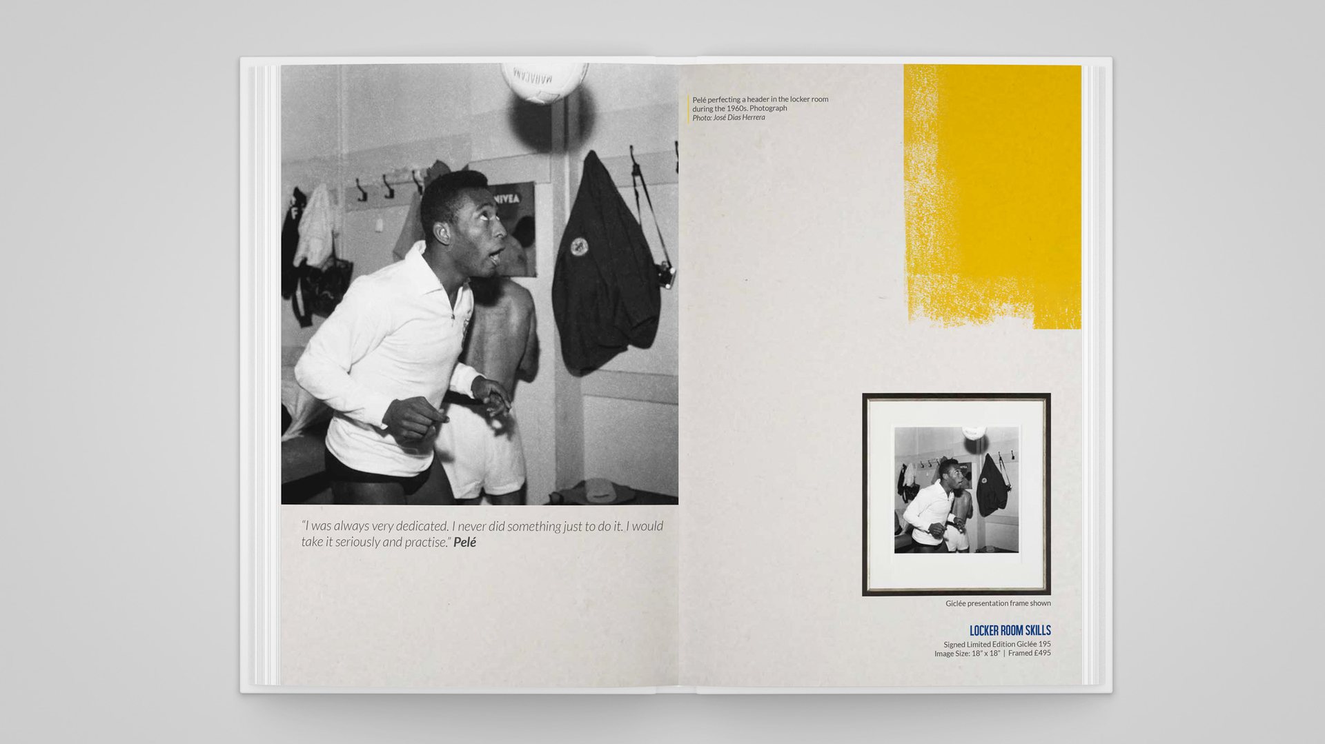 Open brochure spread with a black and white photograph of Pelé in a dressing room