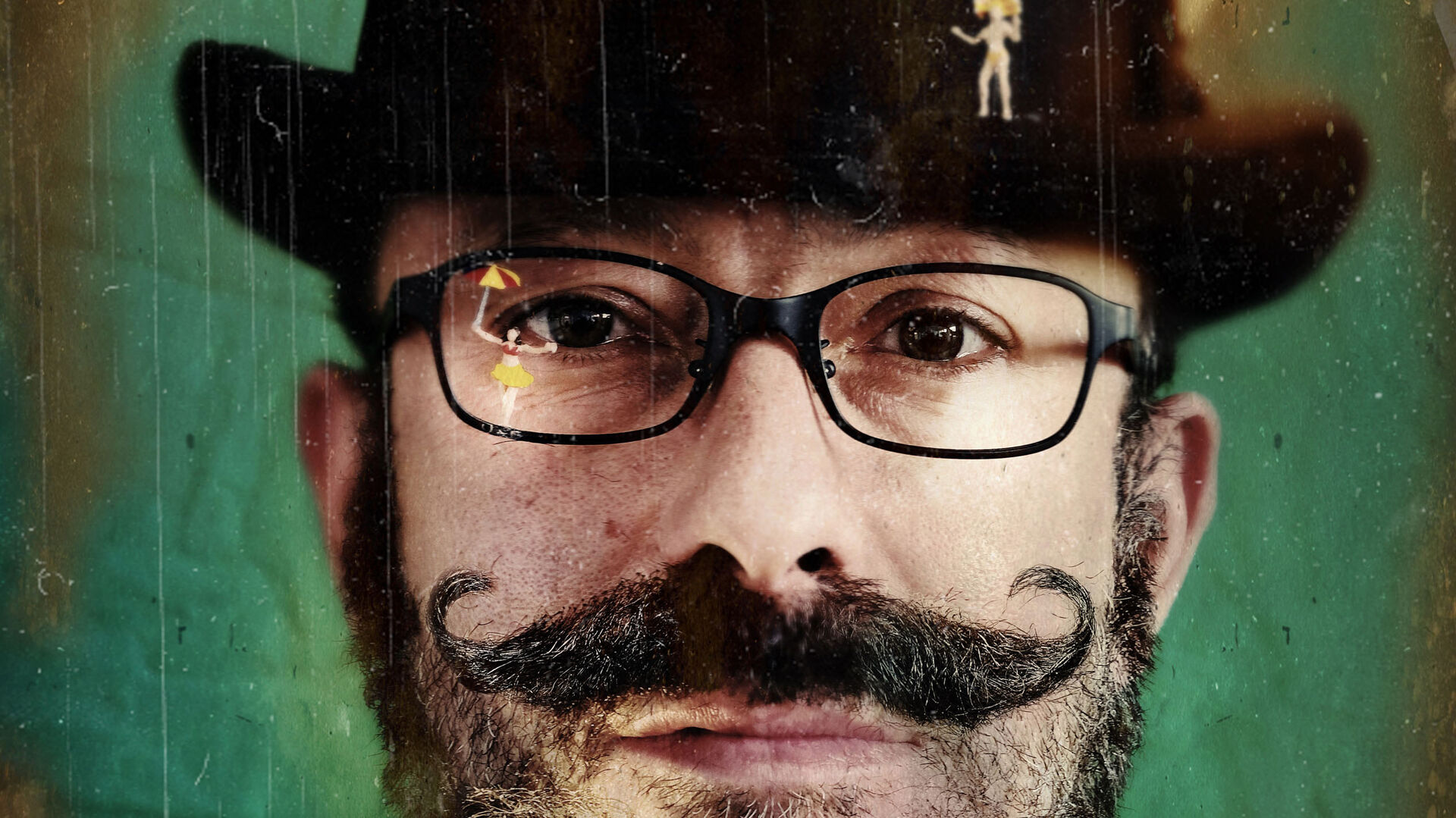 A close-up portrait of the artist in a bowler hat, with tiny figures on the brim