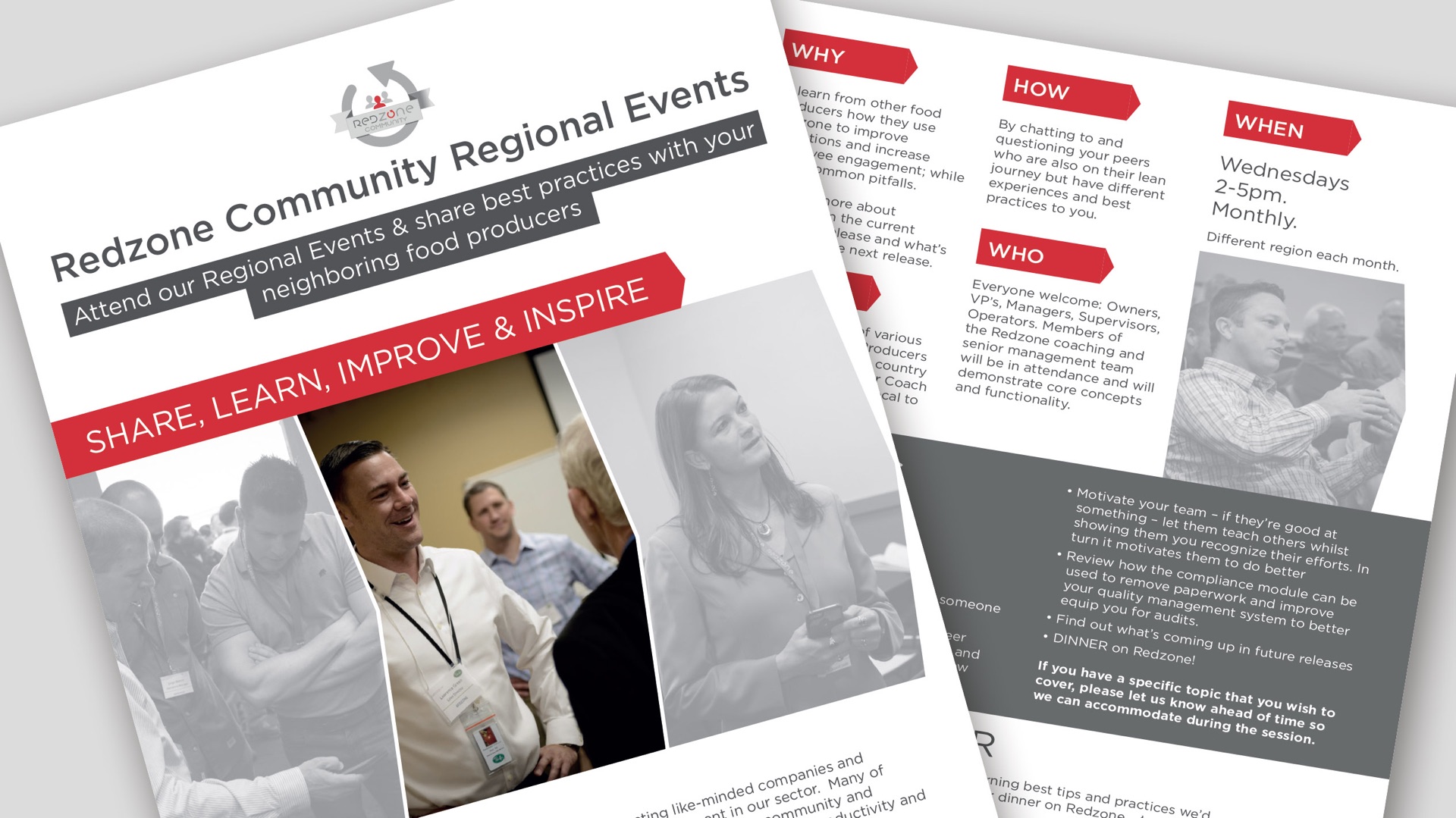 Front and back of a Redzone Community Regional Events flyer in red, grey and white